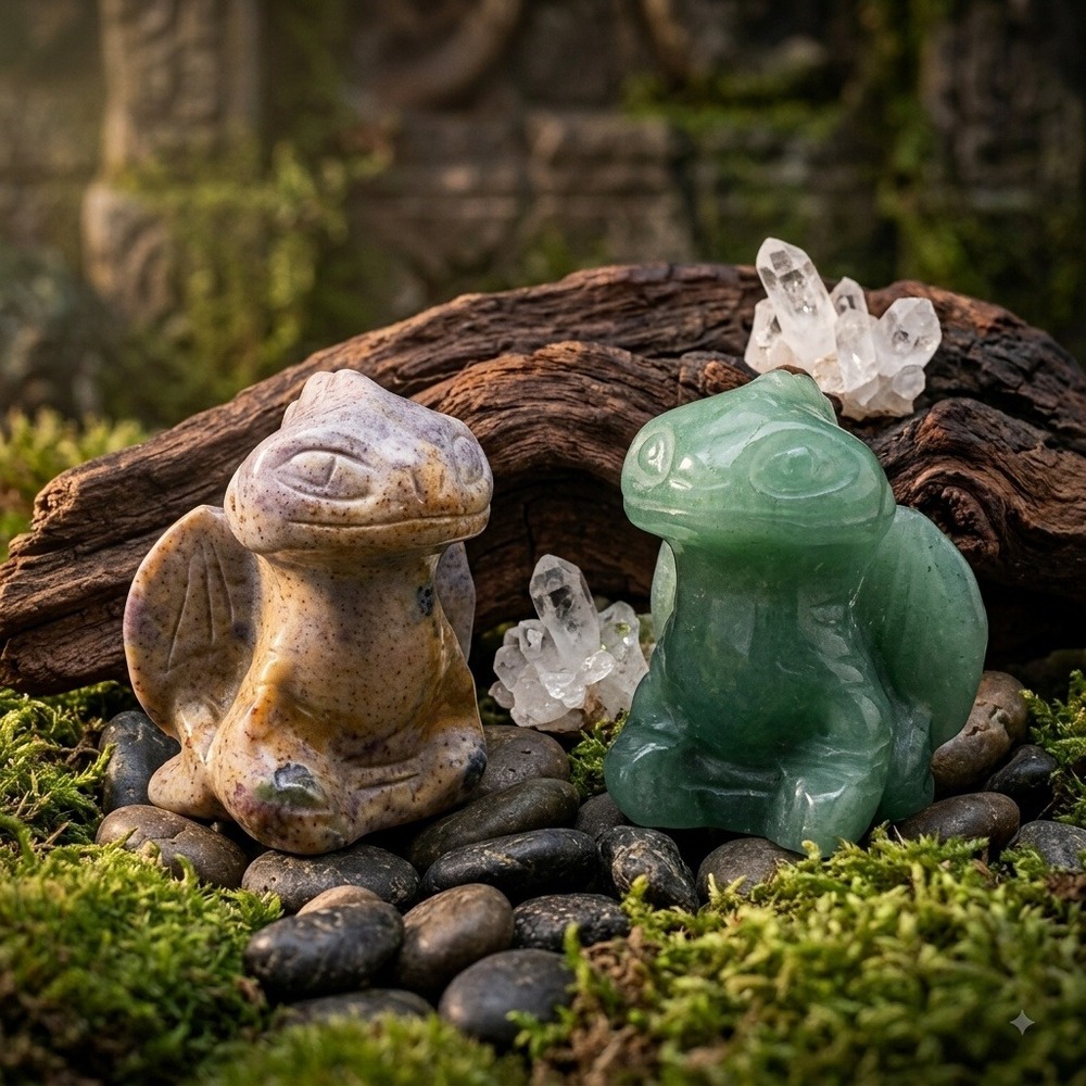 Dragon Figurine Set 1.5 Inch Green Aventurine Spotted Jasper Hand Carved Stone